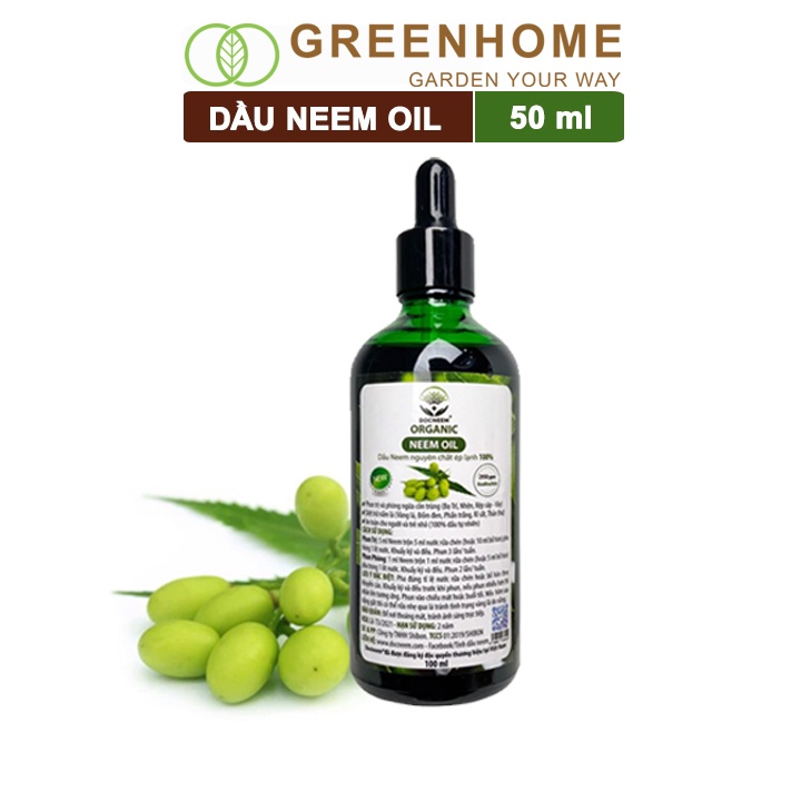 Dầu Neem oil, chai 50ml, hữu cơ phòng trị sâu bệnh hoa hồng, phong lan, cây cảnh, nguyên chất ép lạnh |Greenhome