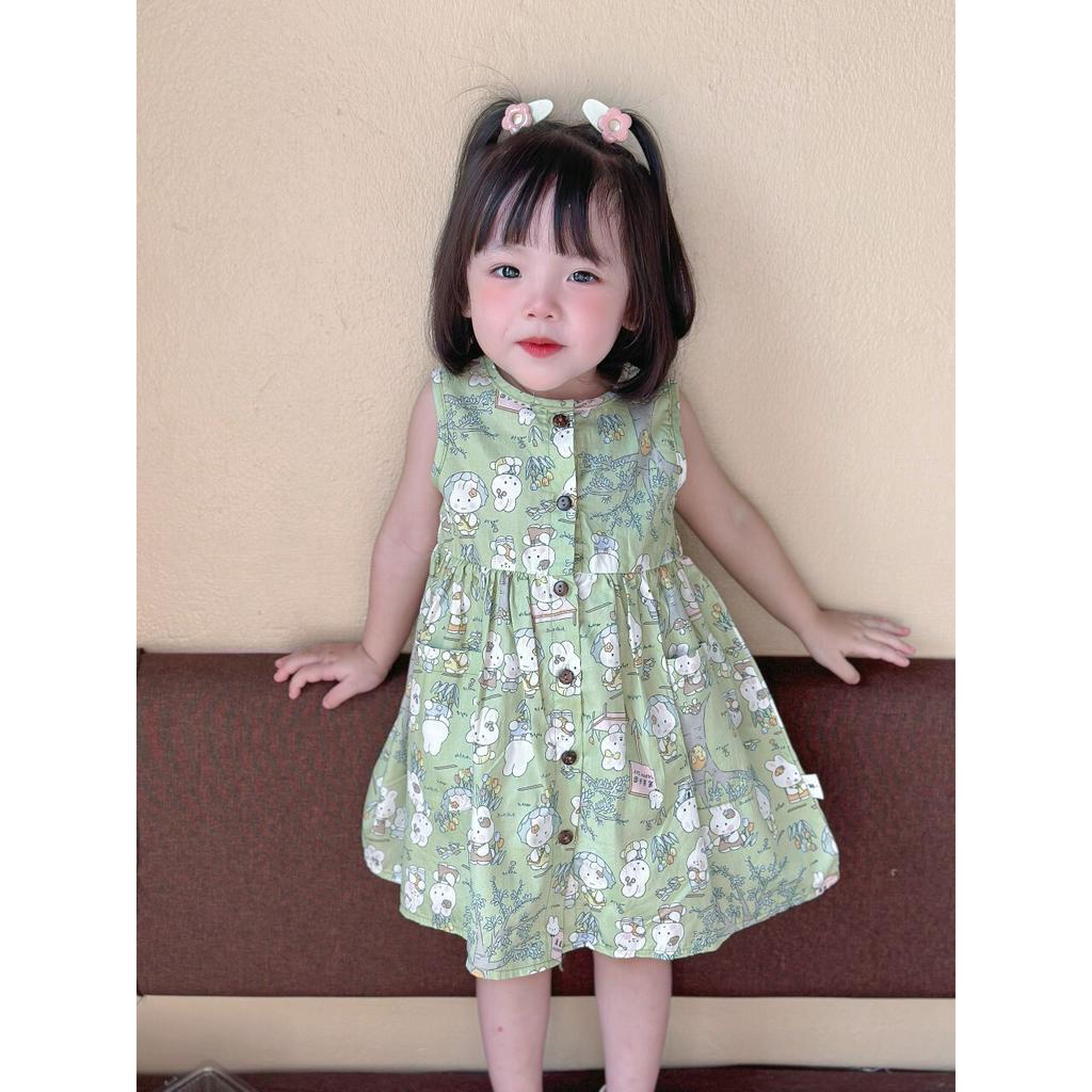 Váy cổ tròn hàng thiết kế vải thô mềm mát cho bé gái từ 8-20kg