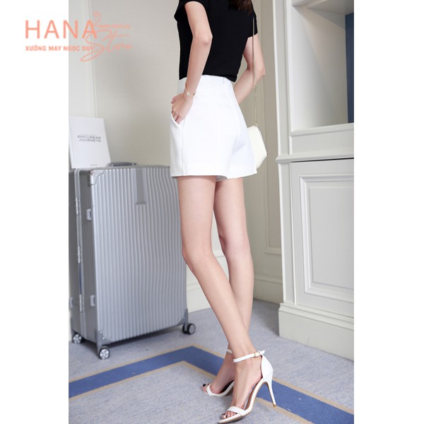 Quần short nữ cạp cao liền gen bụng ôm cá tính màu Đen Trắng vải tuyết mưa mềm dáng quần sooc đùi nữ công sở đi biển học