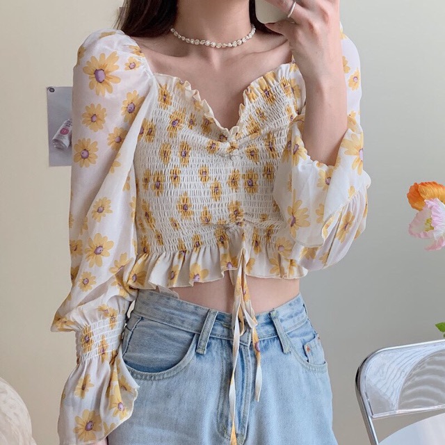 Áo voan hoa vàng croptop dài tay phồng cổ nhún (Có sẵn) | BigBuy360 - bigbuy360.vn