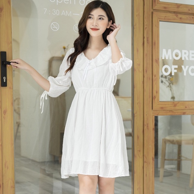  Váy voan tơ lụa cổ bèo nhún tay lỡ 2 lớp babydoll hàng VNXK