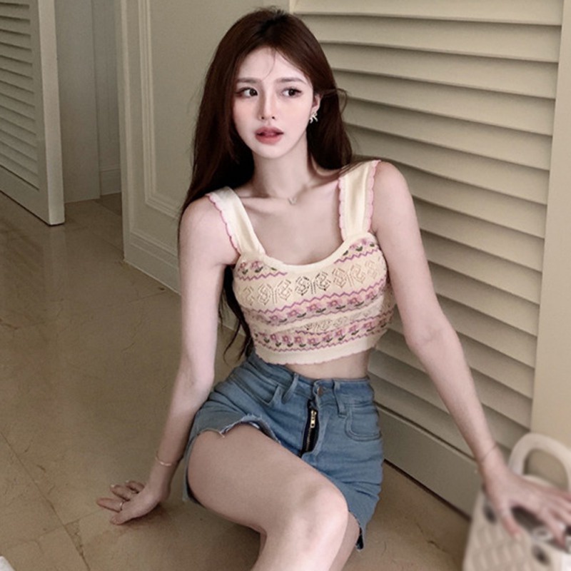 Áo Dệt Kim Không Tay Thiết Kế Khoét Lỗ Phong Cách Retro Cho Nữ