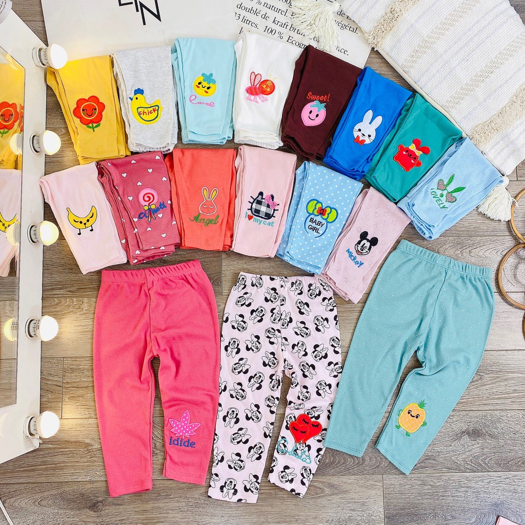 Quần Legging Dài Chất Cotton Co Giãn Thêu Hình Nổi Siêu Đẹp Cho Bé Gái 10-25Kg - Quần Thun Dài Legging Cho Bé