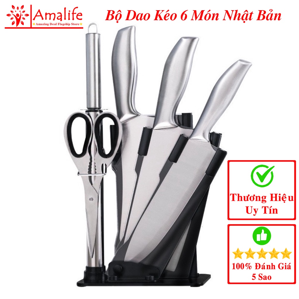 Bộ Dao Kéo Nhật Bản 5 Món Bằng Inox Đúc Nguyên Khối Cao Cấp Kháng Khuẩn Cực Tốt – Tặng Kèm Bộ Để Dao Thớt Chuyên Dụng
