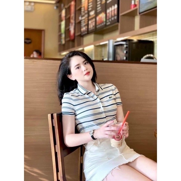 Áo polo trắng Lacoste cá sấu nam nữ sọc ngang