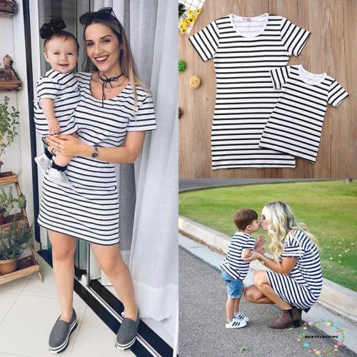 ღWSVღFamily Matching Outfits Mother&amp;Daughter Clothes Dress Baby Girl Striped Skirt