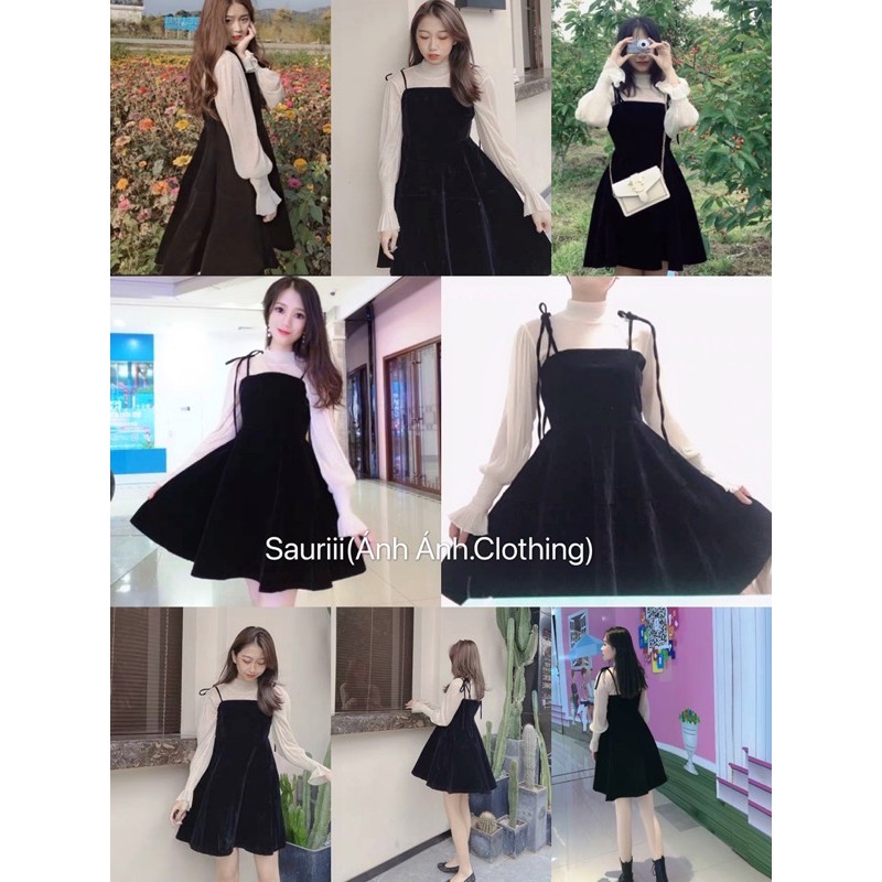 SẴN🖤Set đầm xoè nhung|Đầm ulzzang tiểu thư áo nhũ mỏng lấp lánh bèo váy 2 dây yếm xinh quyến rũ dạo phố