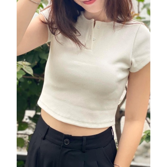 Áo croptop ôm body tay ngắn RUCHAN kiểu áo thun nữ co giãn cổ tròn có nút nhiều màu thời trang