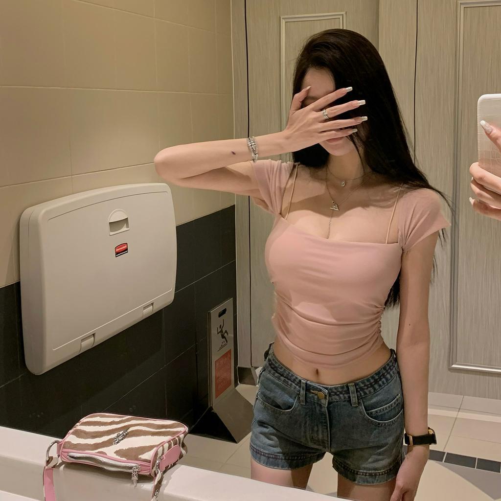 Áo Thun Ngắn Tay Phối Lưới Thiết Kế Mới Gợi Cảm Cho Nữ