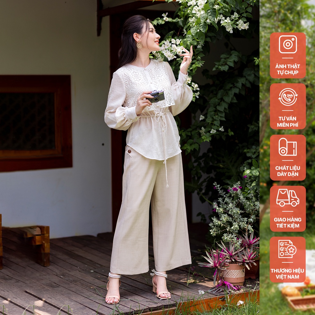 Áo phối ren rút eo be CVT