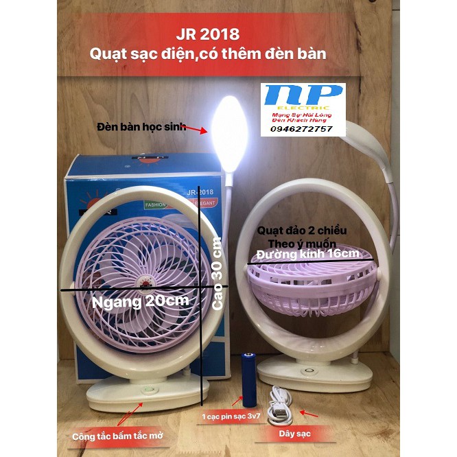 QUẠT SẠC ĐỂ BÀN CÓ ĐÈN LED BÀN HỌC ĐA NĂNG JR 2018