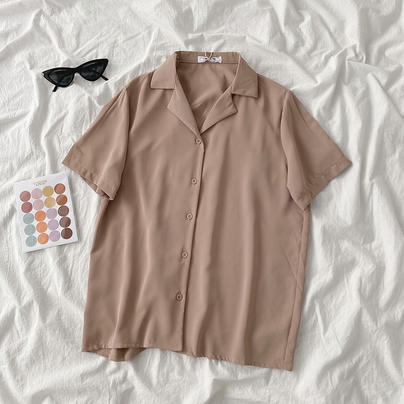 NUZIRO  Áo Sơ Mi Tay Ngắn Màu Sắc Đơn Giản Phong Cách Retro