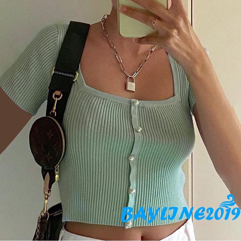 Áo Lửng Tay Ngắn Cổ Vuông Thời Trang Quyến Rũ Cho Nữ