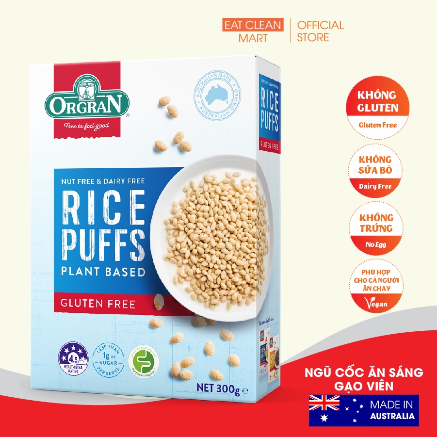 Ngũ Cốc ăn sáng gạo viên nhập khẩu Úc- Orgran Everyday Cereals Rice Puffs 300g