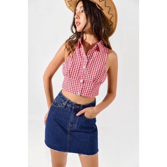 Áo sơ mi cổ yếm nhún ngực khuy trước Texas Top  Mia Ritta A2097