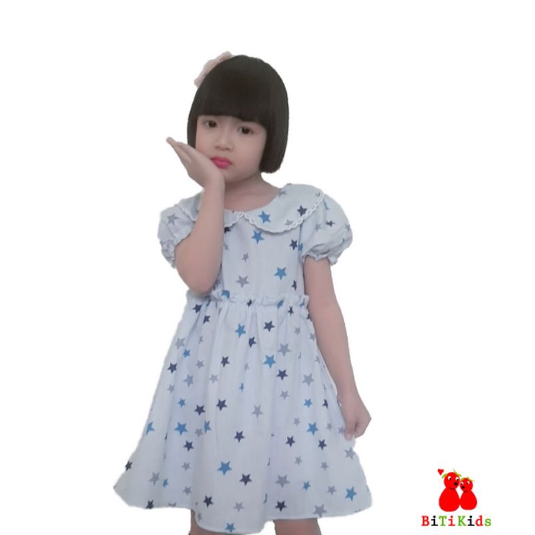 Đầm bé gái,váy trẻ em ,BITIKIDS, họa tiết ngôi sao cotton size 0 đến 5 tuổi.