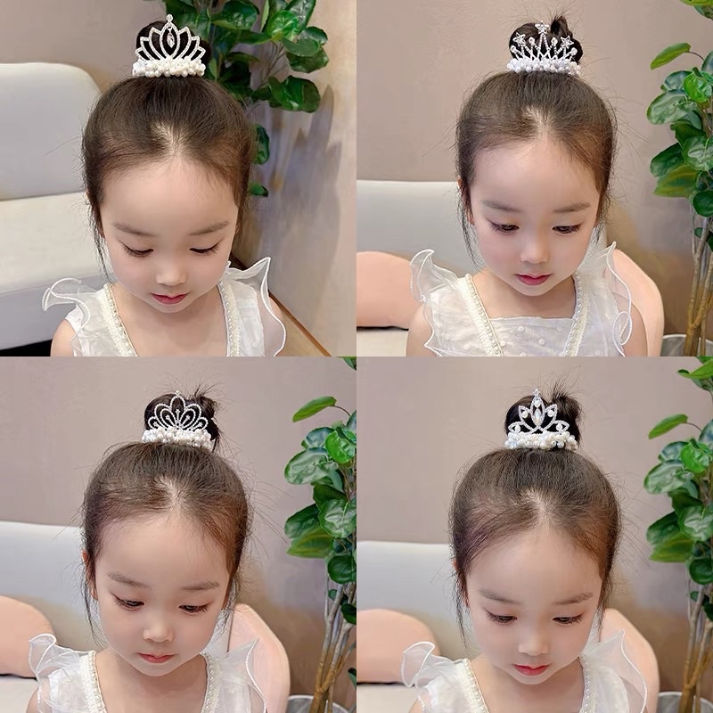 Dây buộc tóc hình vương miệng đính đá phối ngọc - Búi tóc cho bé đáng yêu