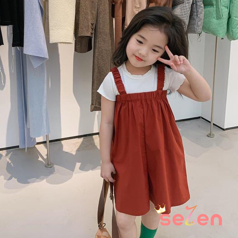 Se7en Set Áo Cổ Tròn Ngắn Tay + Quần Yếm Phong Cách Hàn Quốc Cho Bé Gái