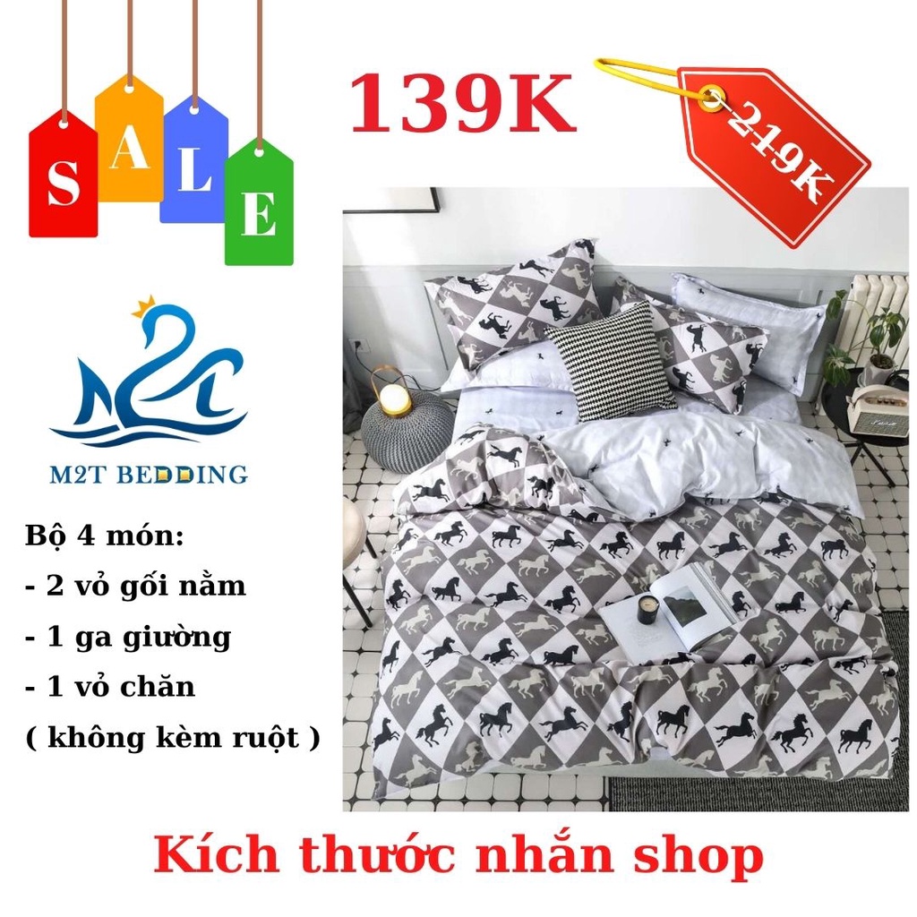 Bộ vỏ chăn ga gối Cotton poly M2T bedding gồm vỏ chăn mền, drap ga giường và 2 vỏ gối nằm - Xả kho