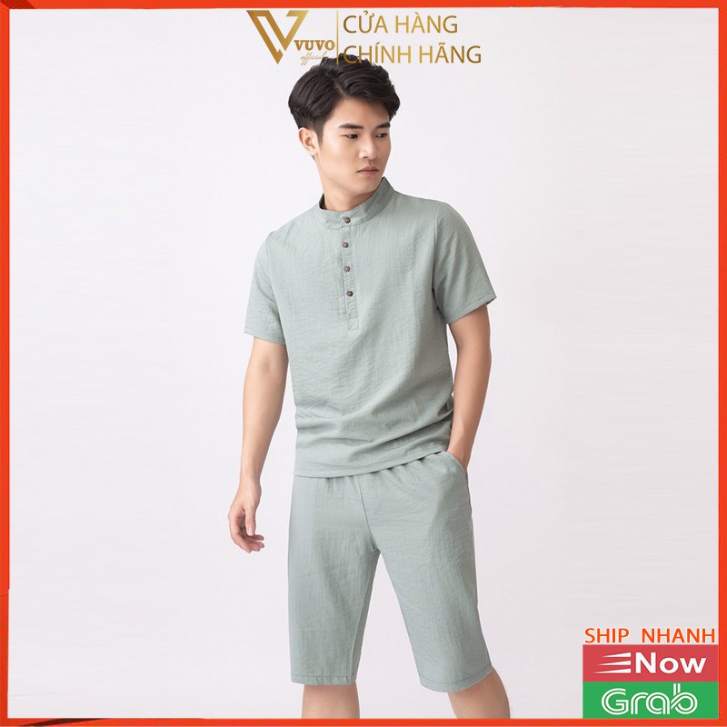 Bộ Đũi Nam Chất Lượng Cao Gồm Áo Tay Ngắn Và Quần Short Đồng Màu | BigBuy360 - bigbuy360.vn
