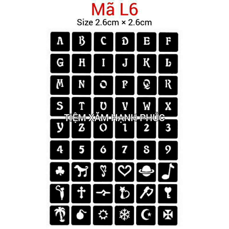 Khuôn xăm bảng chữ cái và các hình nhỏ khác mã L6