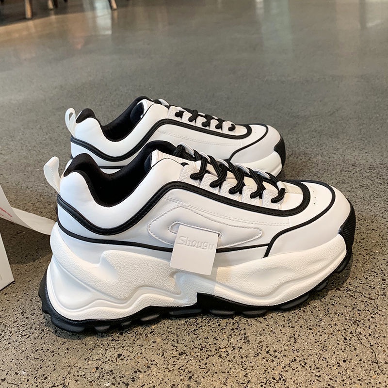 Giày sneaker IELGY cổ thấp đế dày màu khối bằng da kiểu Hàn Quốc cho nữ
