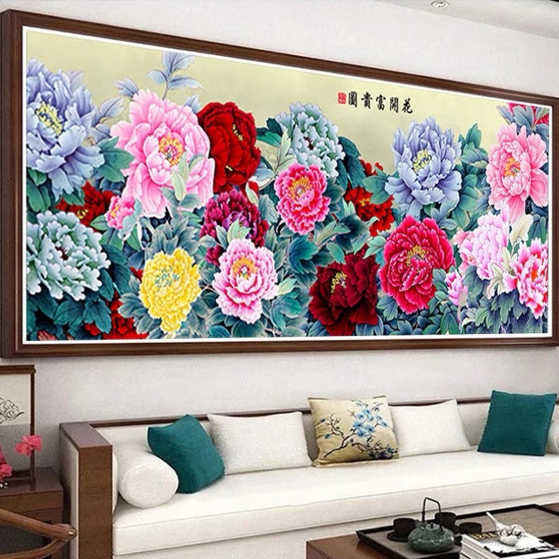 Tranh thêu chữ thập hoa mẫu đơn thêu kín 1m5