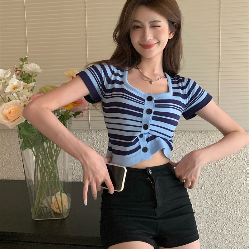 SUXI Áo Dệt Kim Ngắn Tay Cổ Chữ U Ôm Dáng Họa Tiết Kẻ Sọc Màu Sắc Tương Phản Ngọt Ngào Phong Cách Vintage