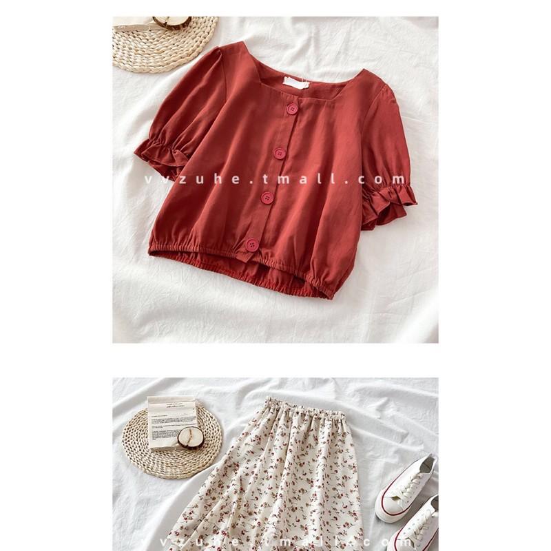 Set áo cổ vuông phối váy hoa nhí Vintage