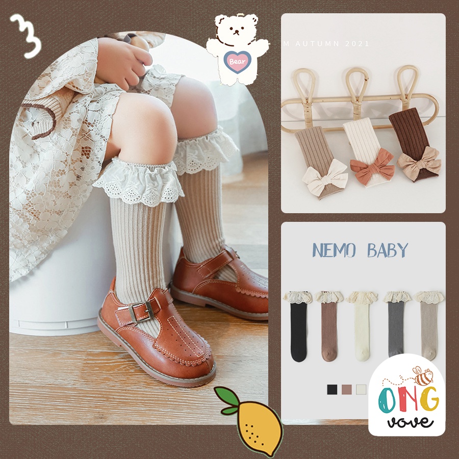 Vớ Dài Tới Đầu Gối không gót Giữ Ấm Chân Hình Nơ Ren Dễ Thương Cho Bé Ongvove TNMR