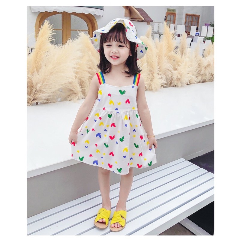 Đầm hai dây bé gái kèm nón