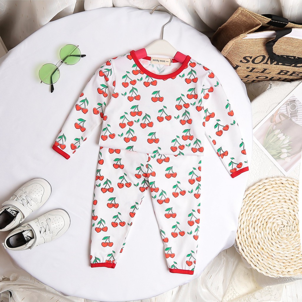 [SALE] Bộ Dài Tay Cho Bé Trai, Bé Gái Minky Mom Bò Sữa Cherry Phối Viền, Đồ Bộ Cho Bé Mặc Nhà Thu Đông MKMTD2136