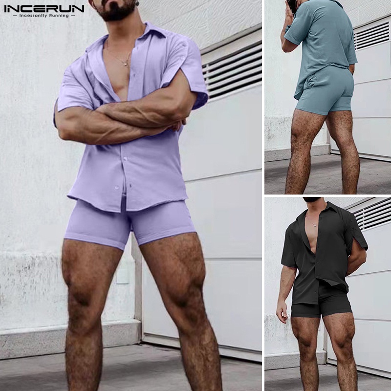 INCERUN Bộ Áo Sơ Mi Ngắn Tay+Quần Short 3 Màu Thời Trang Mùa Hè Cho Nam