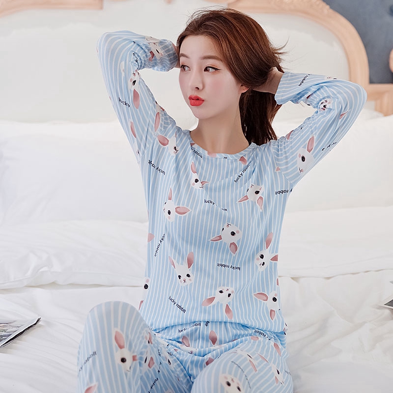 xiaohan korea Spring and Autumn loose nightwear round neck long sleeve sleepwear set cute cartoon print women Large size baju tidur | BigBuy360 - bigbuy360.vn