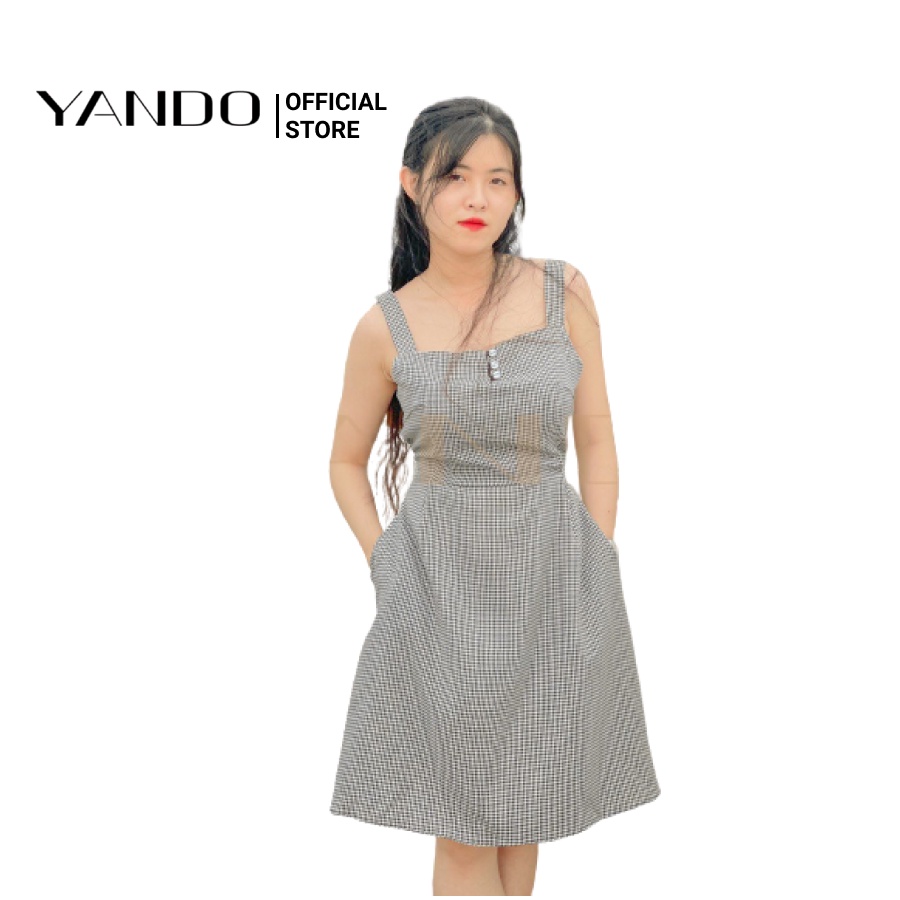 Đầm nữ 2 dây caro nhí Yando DA03 Phối Nút Siêu Xinh