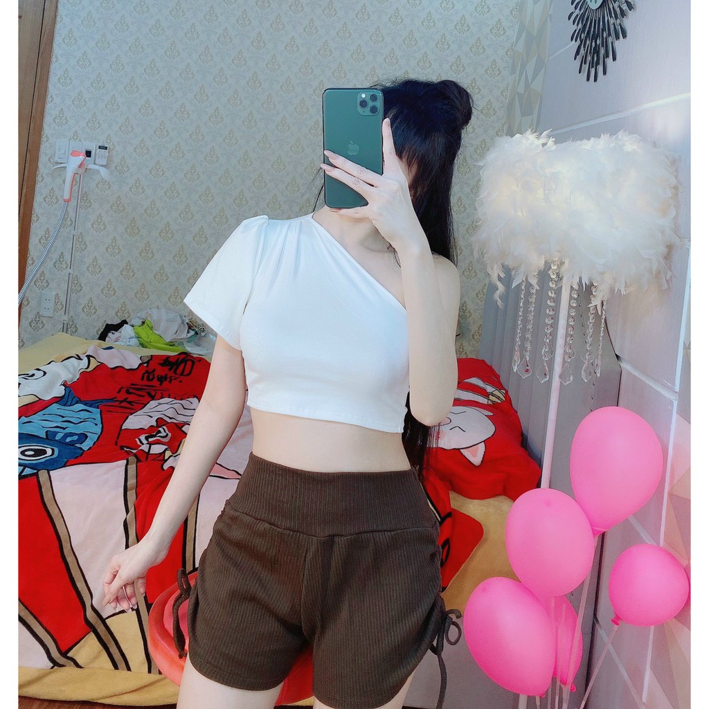 áo croptop kiểu lệch vai tay ngắn sexy, xinh đủ màu ảnh thật, chất bozip mềm
