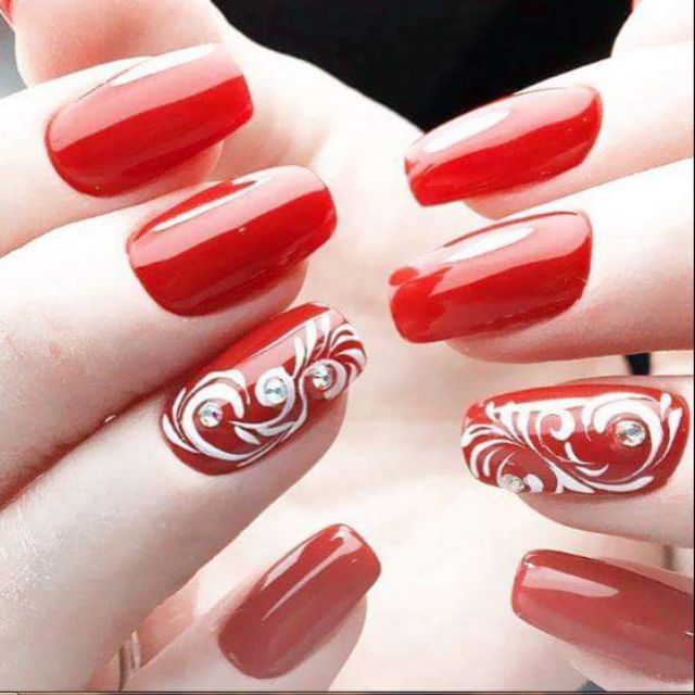 Combo 4bo Nail đính đá đỏ hoạ tiết