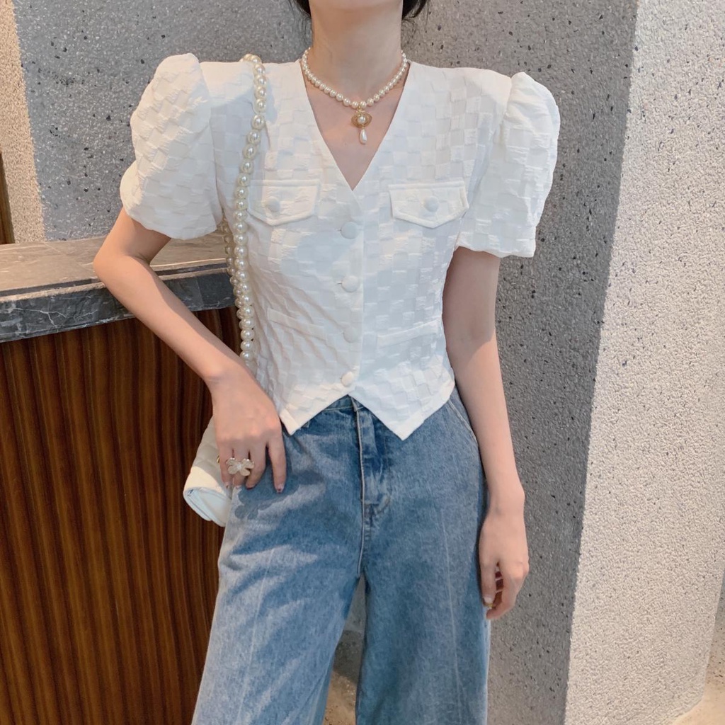 Áo Sơ Mi Tay Ngắn Cổ Chữ V Thời Trang Mùa Hè Phong Cách Pháp Hàng Mới Cho Nữ