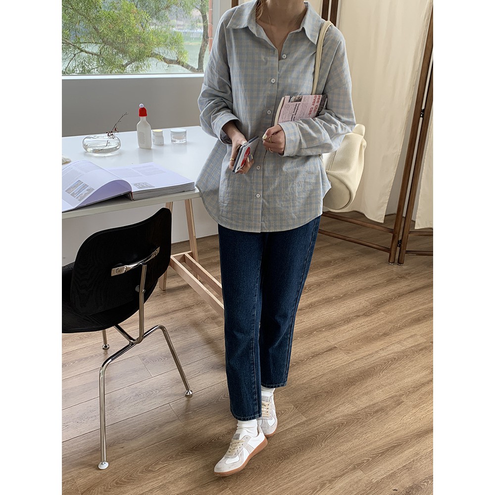 Áo sơ mi nữ dài tay kẻ sọc caro Cổ trụ Form rộng Ulzzang Hàn Quốc Áo sơ mi tay dài nữ Thời trang Cao cấp