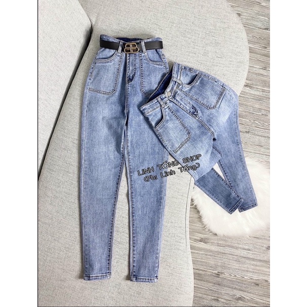 quần jean cạp cao túi ốp 2 màu đen - xanh