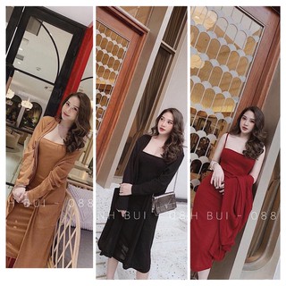 Set váy body kèm khoác len tăm 3 màu đỏ/ đen/ nâu