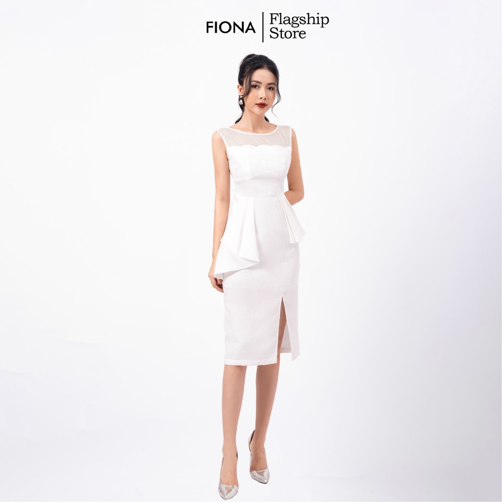 Đầm nữ ôm FIONA, Đầm dự tiệc màu trắng phối lưới chất liệu gấm cao cấp F451010