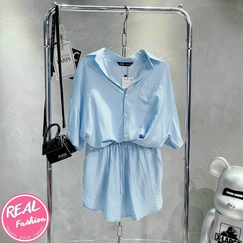 Sét bộ đồ đũi thái áo sơ mi kèm quần short ngắn cực thanh lịch