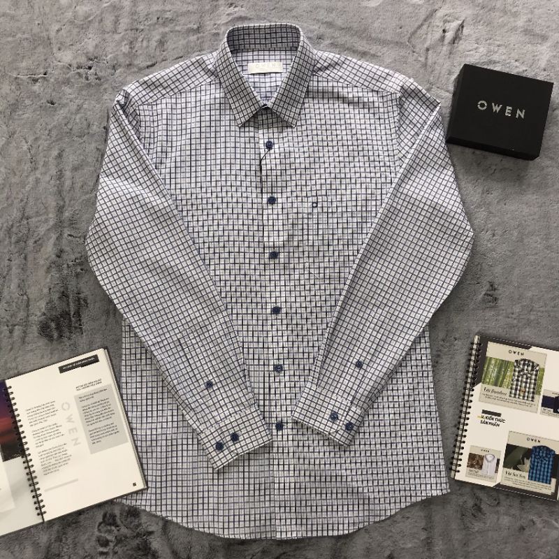 Áo Sơ Mi Nam Dài Tay Owen AR22245DT Somi Công Sở Cao Cấp Màu Trắng Caro Xanh Blue Chất Sợi Tre Mềm Mát Dáng Suông Có Túi