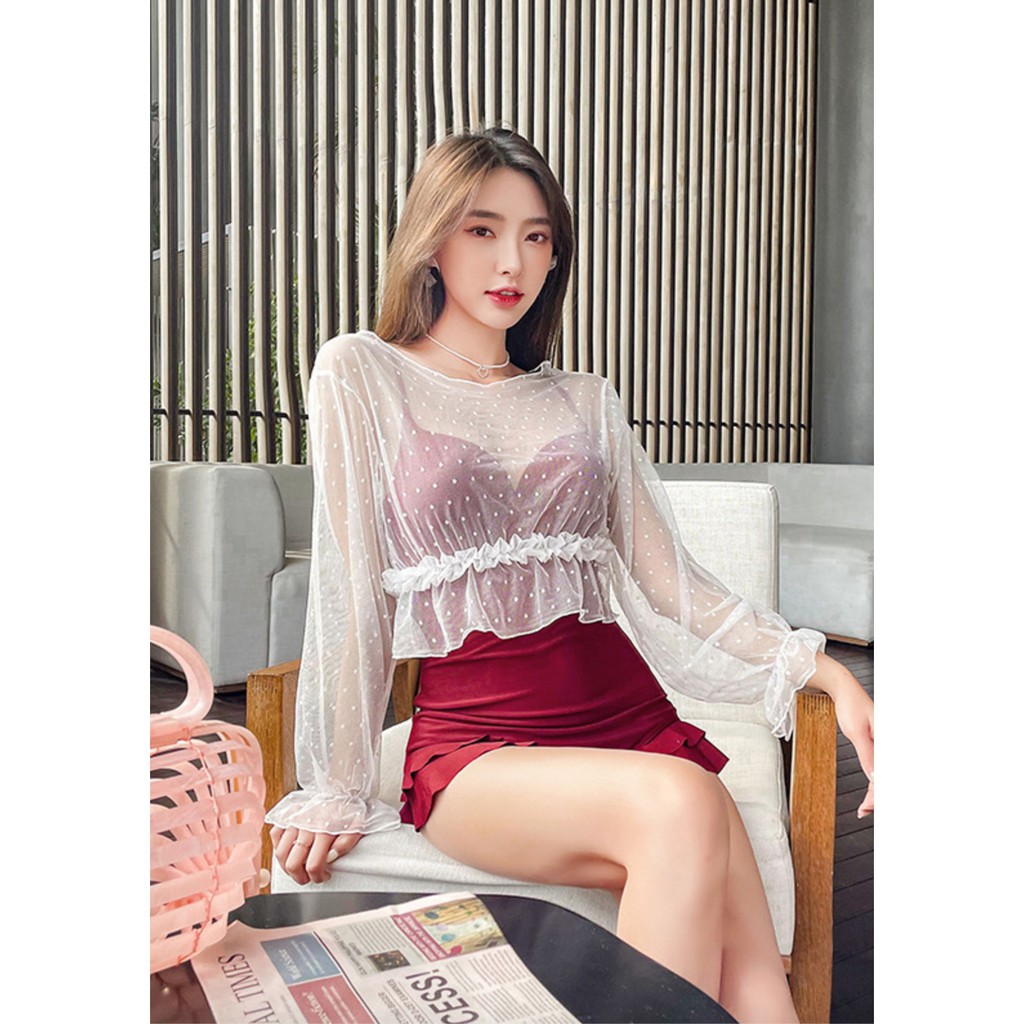 Bộ đồ bơi bikini nữ một mảnh liền thân đi tắm biển kèm áo croptop ren trắng chấm bi tiểu thư hot trend 2021