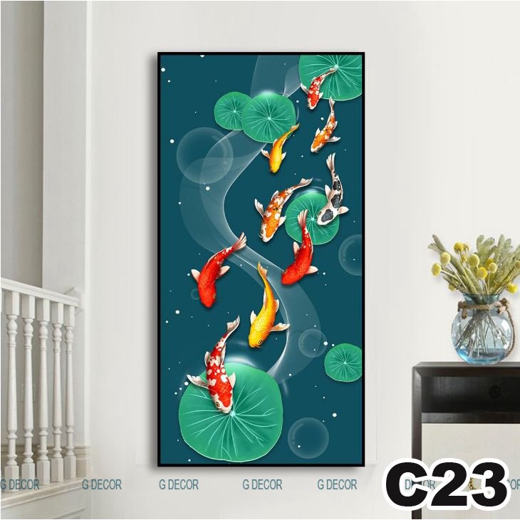 Tranh treo tường canvas 1 bức phong cách hiện đại Bắc Âu 22, tranh cửu ngư quần hội trang trí phòng khách, phòng ngủ,spa