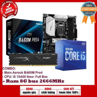 Combo sản phẩm: bo mạch chủ asrock b460 pro4 / cpu i5 10400 / ram 8g buss 2666 mhz