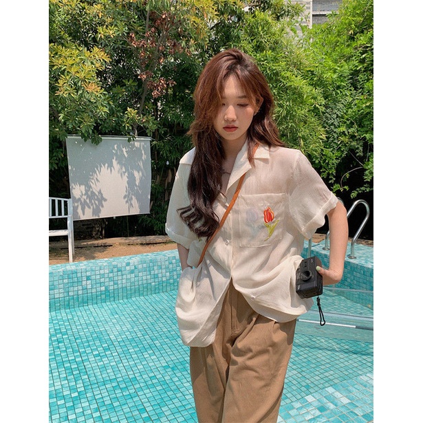 Áo Sơ Mi chiffon Mỏng Tay Ngắn Thêu Hình Hoa tulip Thời Trang Mùa Hè Hàn Quốc Dành Cho Nữ 2022