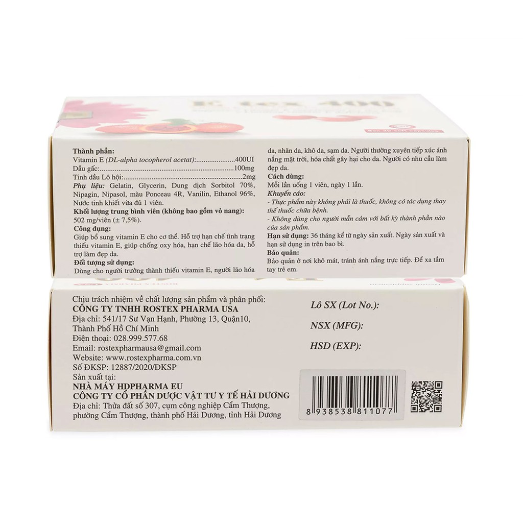 Viên đẹp da Vitamin E Đỏ, dầu gấc, tinh dầu lô hội E Tex 400 mờ nám sạm da, chống lão hóa 30 viên