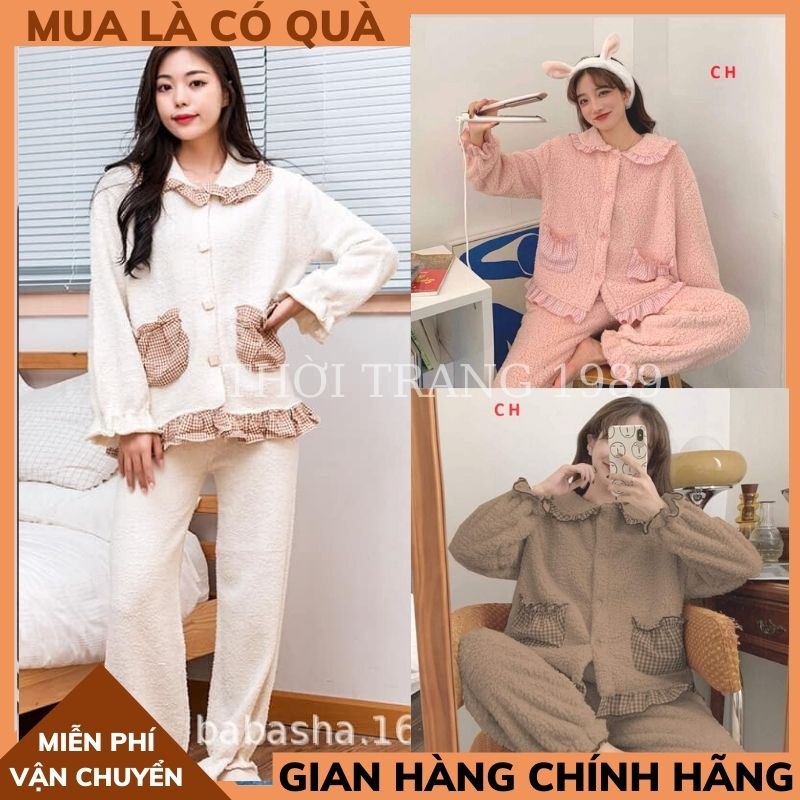Bộ ngủ nữ 🍀bộ ngủ lông cừu viền bèo caro cho nữ siêu ấm, bộ mặc nhà unisex bộ đồ ngủ mùa đông lông cừu giữ nhiệt tốt